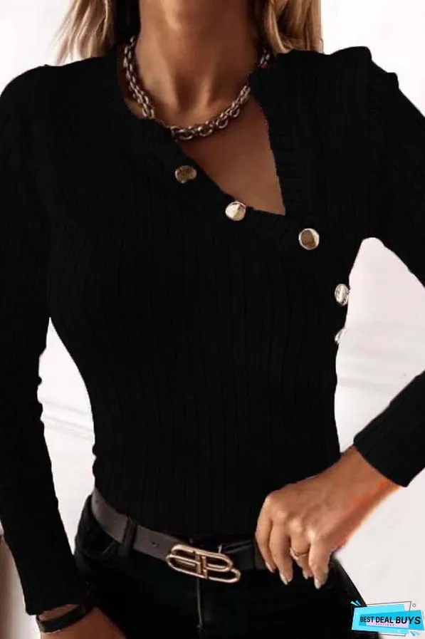 Fashionable Long-sleeved V-neck Metal Button Slim Fit Top