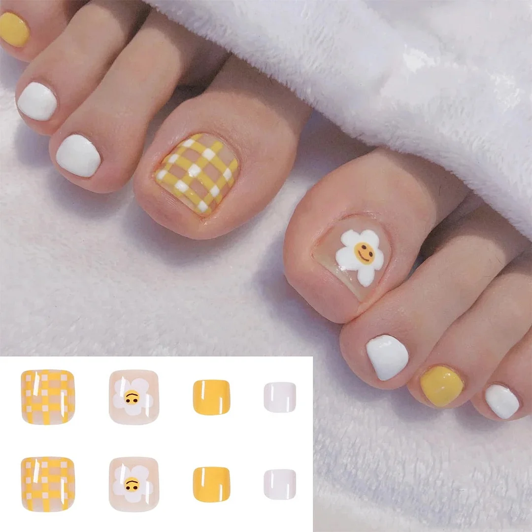 24pcs Purple False Toe Nails Summer Full Cover Wearing Toe Nail Art Pattern Removable Nail Stickers With Glue-Nail Inspo