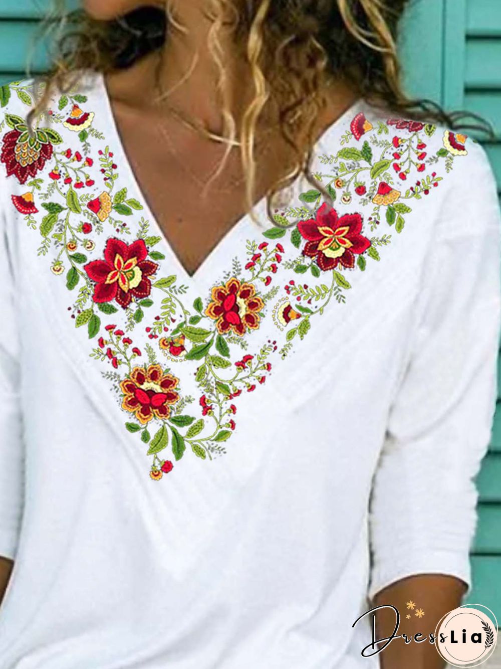 Floral Half Sleeve Printed Cotton-blend V neck Vintage Summer White Top