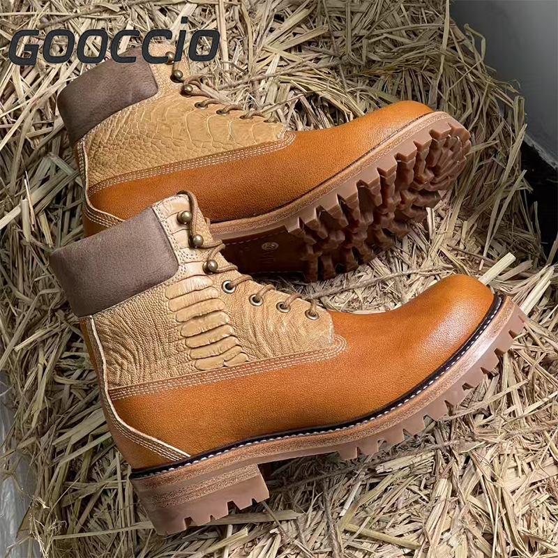 VR181 Camel Leather + Ostrich Leather  Work Boots For Men  GOOCCIO   