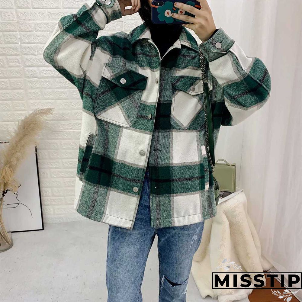 Classic Thick Colorblock Checked Button Down Shirt Jacket Woolen
