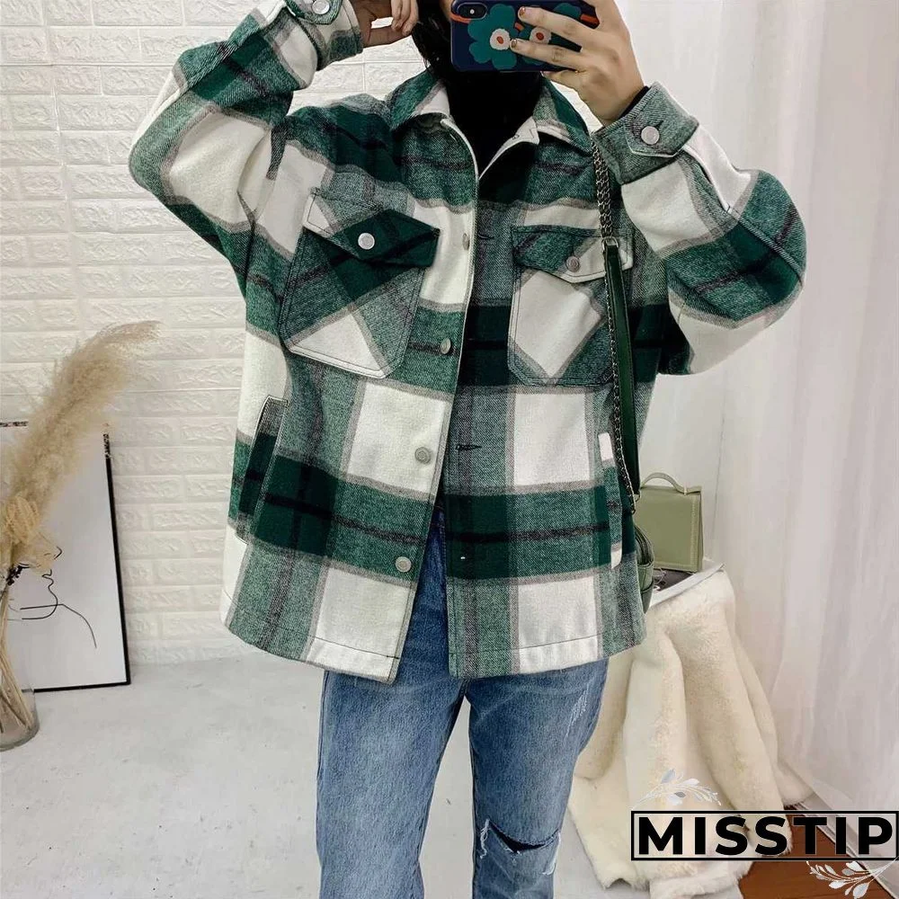 Classic Thick Colorblock Checked Button Down Shirt Jacket Woolen