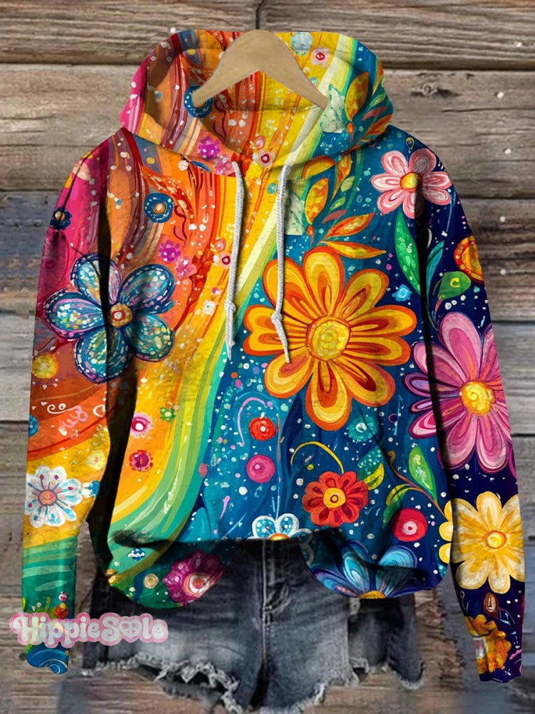 Women’s Rainbow Hippie Floral Print Casual Hoodie Sweatshirt Multicolor / S