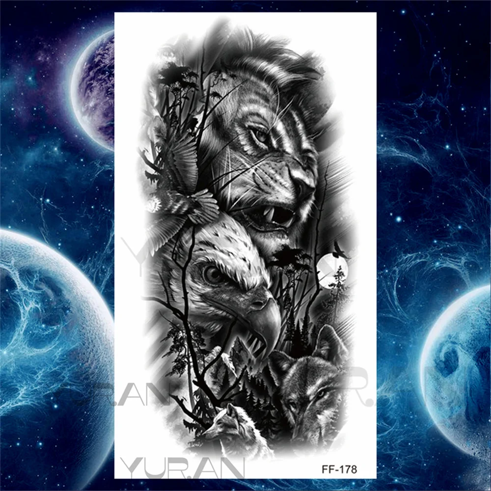 Sdrawing Scary Temporary Tattoos For Men Women Realistic Wolf Forest Lion Tiger Vampire Compass Fake Tattoo Sticker Arm Body Tatoos
