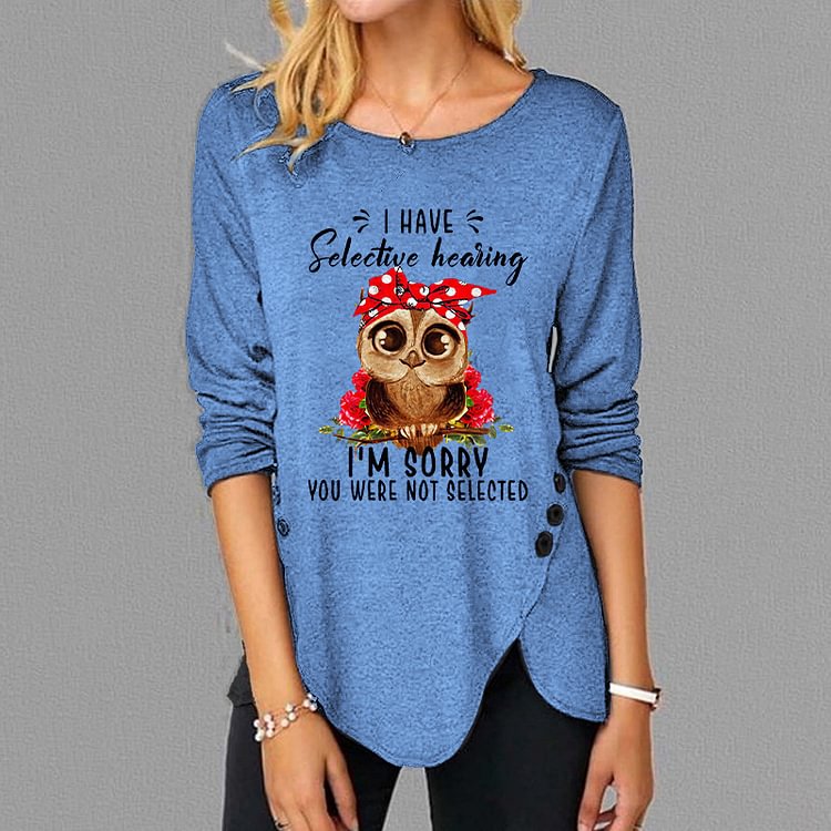 Vefave Owl Print Casual Crew Neck Long Sleeve T-Shirt