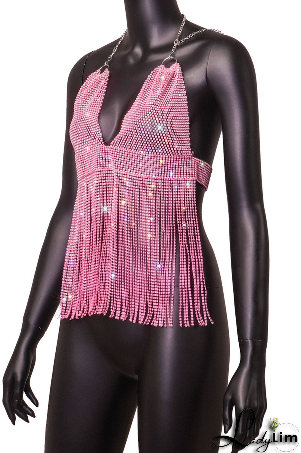 Pink Fashion Sexy Patchwork Tassel Backless Halter Tops