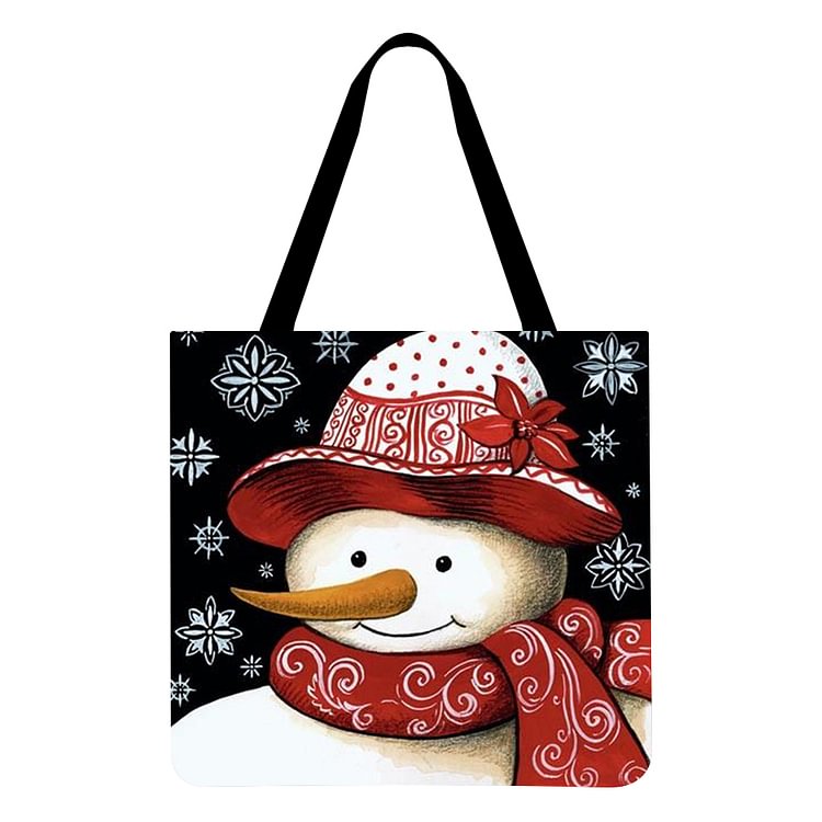 Linen Tote Bag - Christmas Cartoon Snowman And Santa
