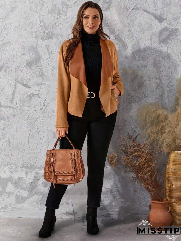 Women's Plus Size Zipper Color Block Long Sleeve Jacket, Sophisticated And Elegant Style, Brown For Autumn