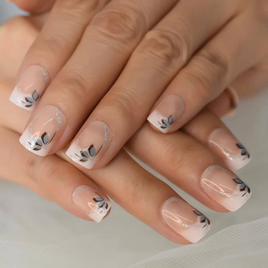 Medium Nude Natural False Nails Square Shimmer Glitter Decorative Flower Grace White Gradient Ombre Artificial Nail Art Tips-Nail Inspo
