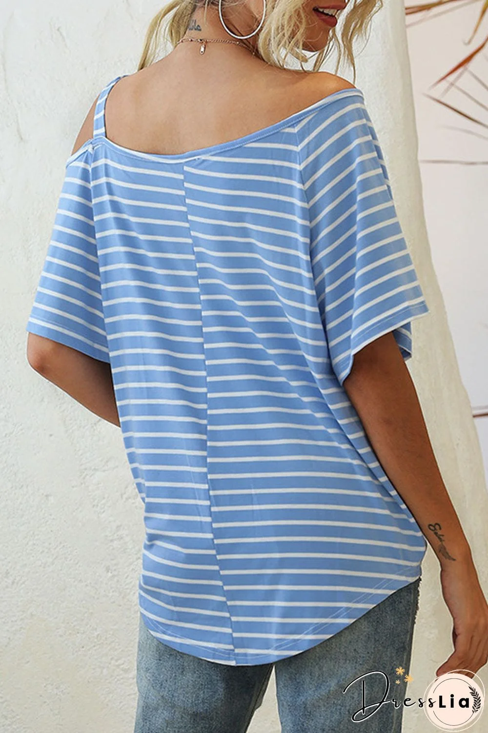 Fashion Street Striped Oblique Collar T-Shirts