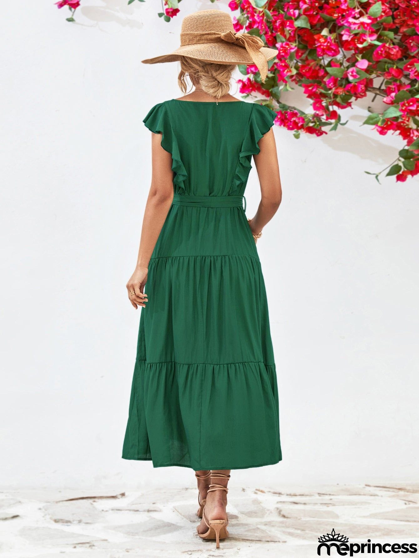 Tie Belt Ruffled Tiered Dress