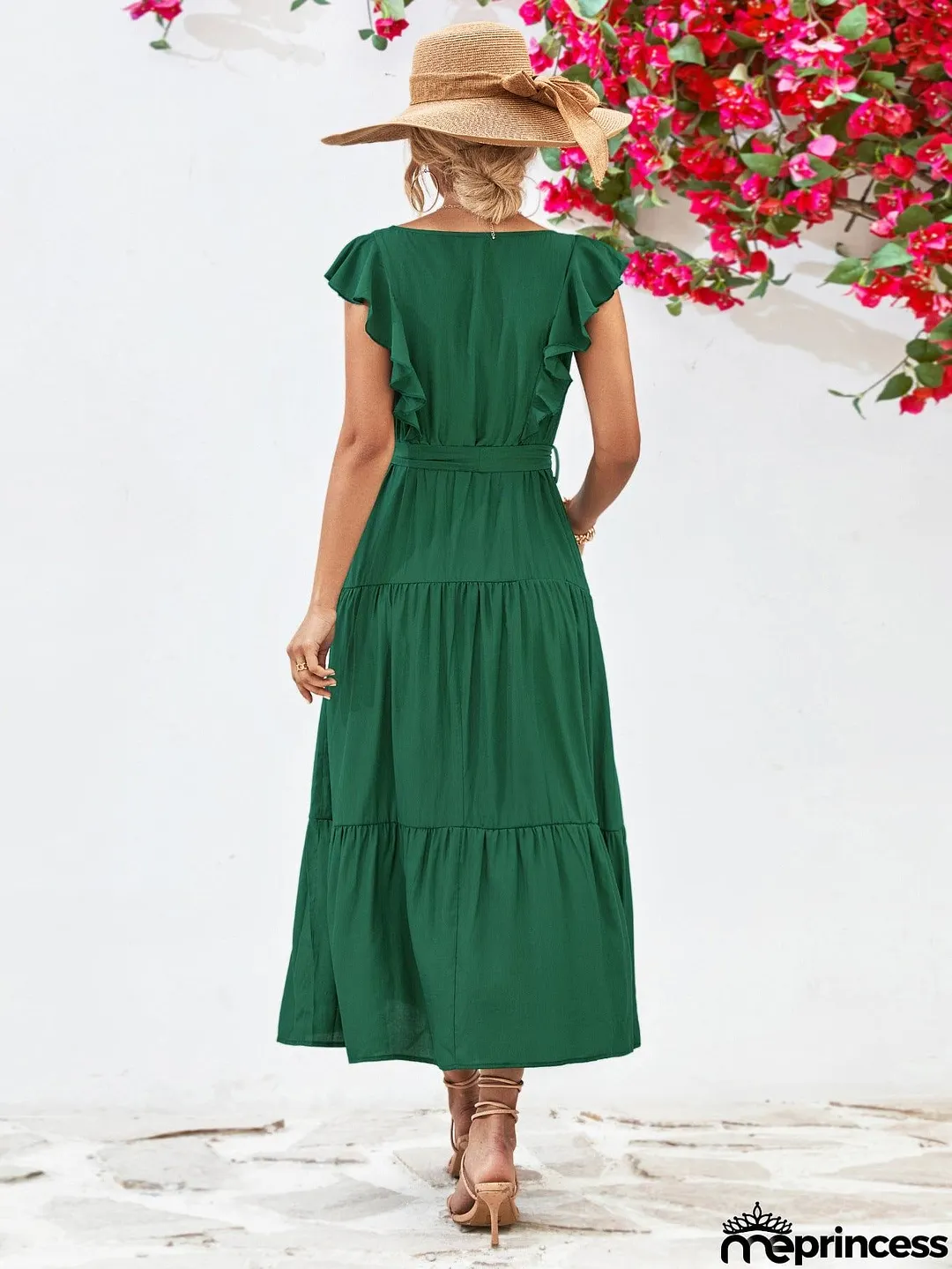 Tie Belt Ruffled Tiered Dress