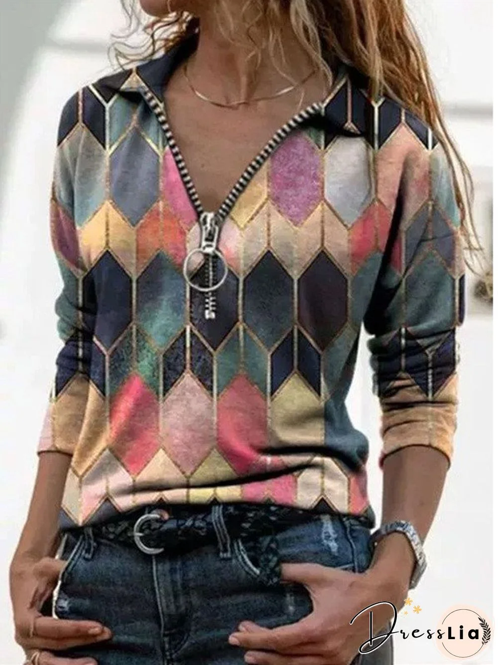 Women Fashion Simple Shawl collar Geometric Shift Shirt