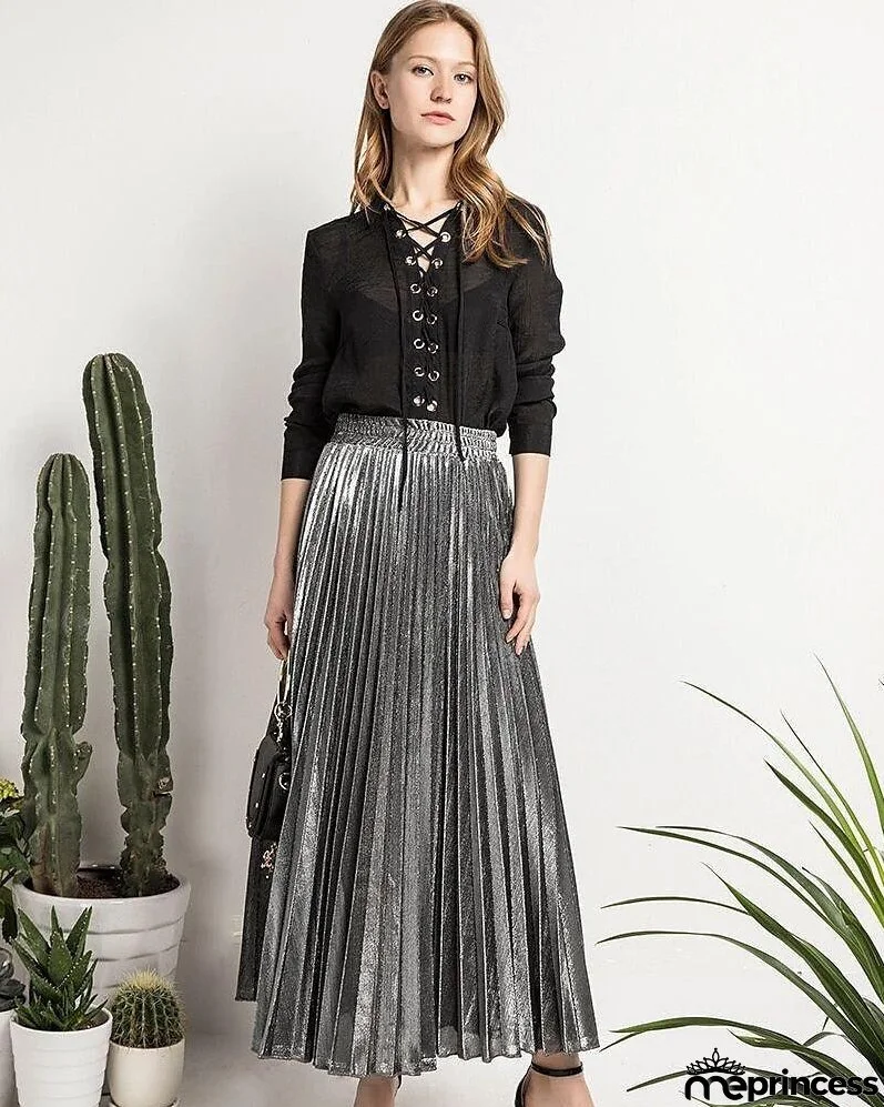 Women's Skirt Maxi Pleated Swing Long Skirt Silver Gold Skirts Shiny Metallic Shimmery Fashion Casual Daily S M L