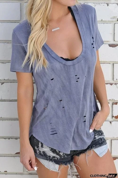 Broken Hole U Neck T Shirt