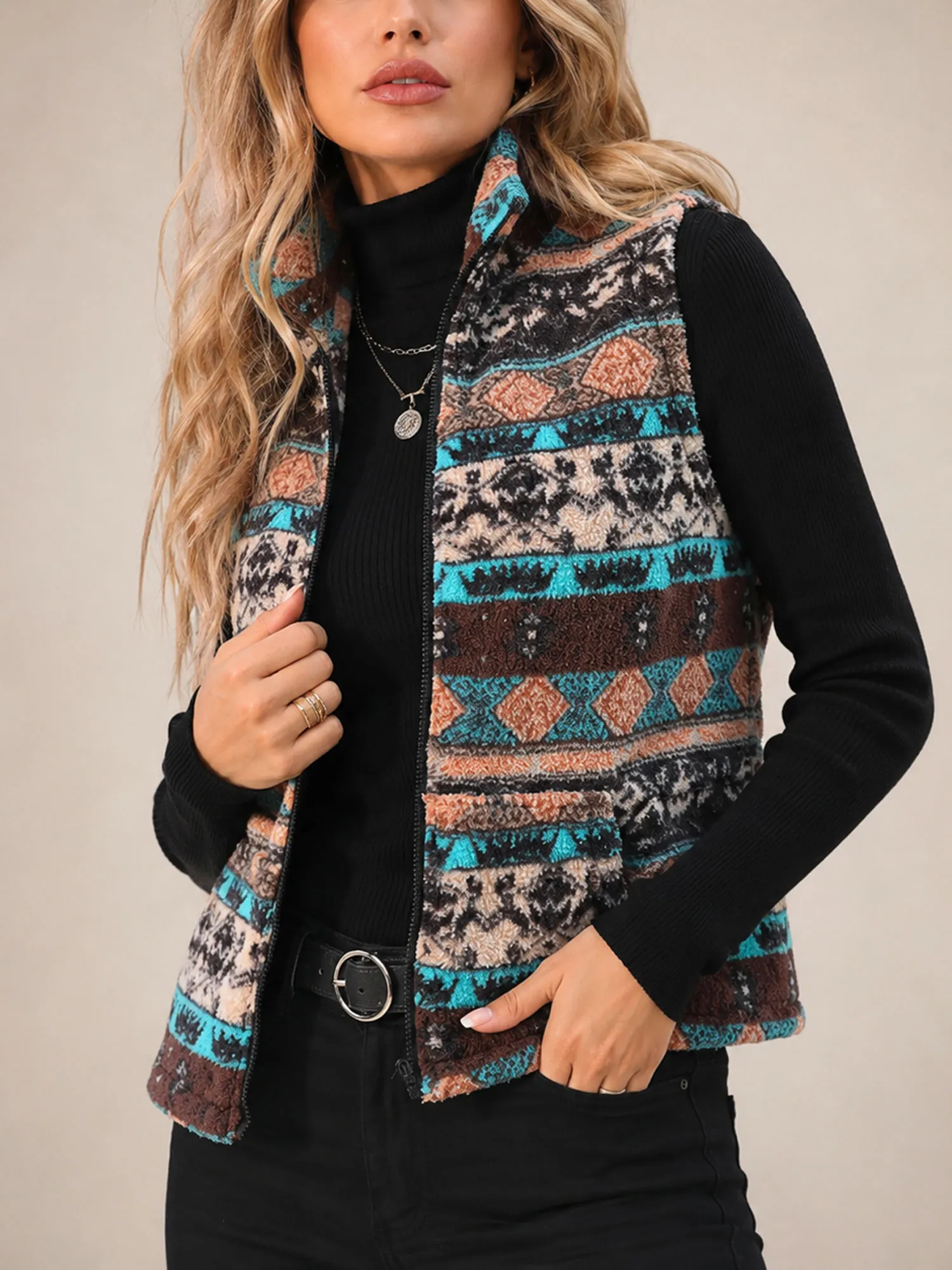 Perfect for a Weekend Country Music Festival &mdash; Women's 2026 Fall Turquoise Geometric Aztec Printed Sherpa Fleece Western Vest