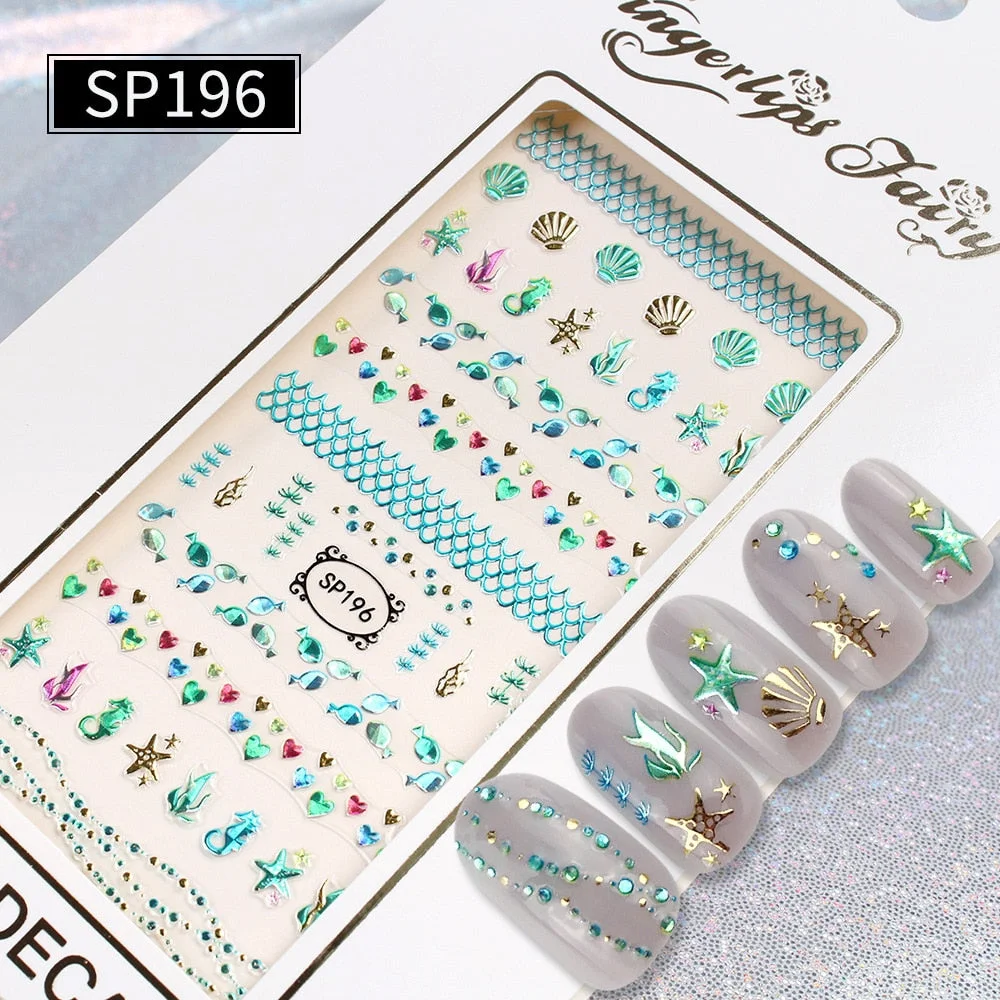 1pc Summer Ocean Whale Jellyfish 3D Self Adhesive Decal Blue Bronzing Manicure Decoration Silver Laser Sticker Beauty Tools