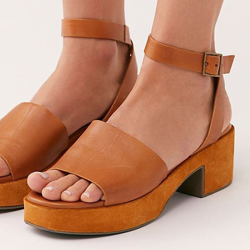 Vintage Tan Open Toe Ankle Strap Chunky Heel Platform Sandals
