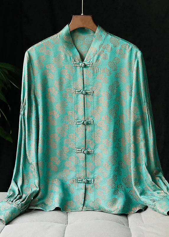 Cozy Peacock Green Mandarin Collar Button Jacquard Shirt Tops Long sleeve