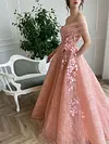 Pink Rouge 3D Flowers Ball Gown A Line Formal Dress Floral Embroidery Unique Garden Dresses Off The Shoulder Elopement Floor Length Tulle