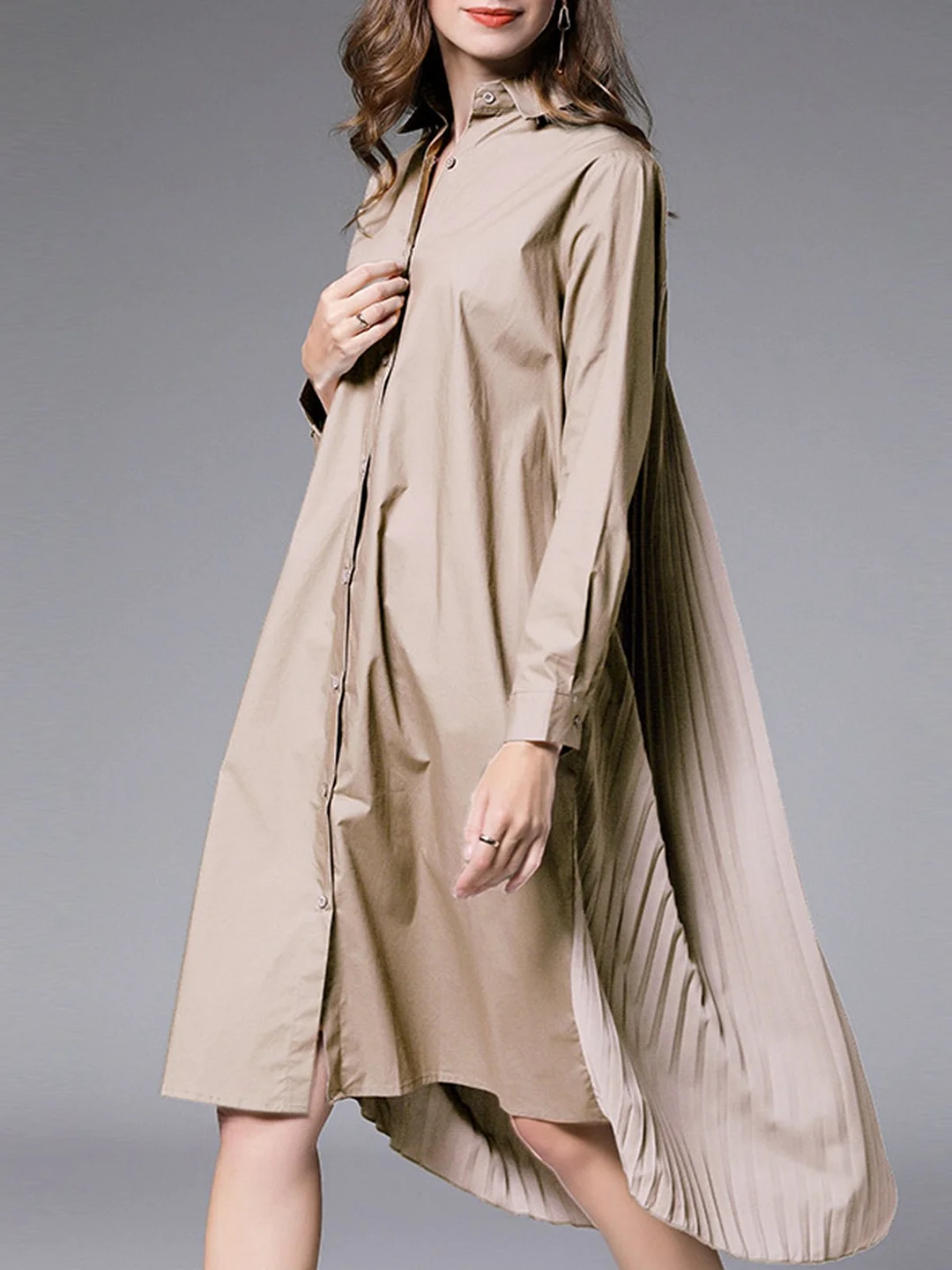 Shirt Collar Gathered Casual Midi Dress