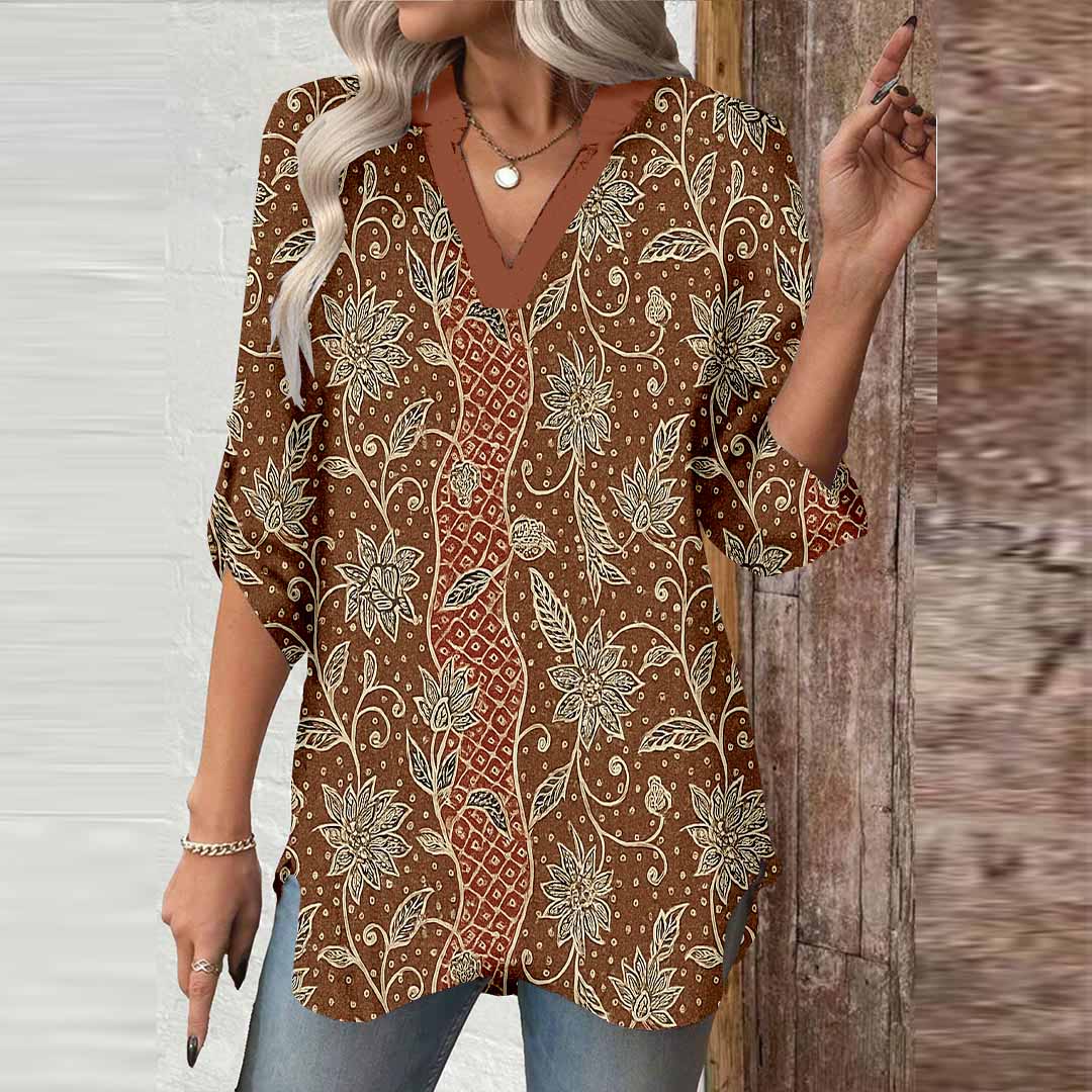 Women Ethnic Ethnic, Brown, Floral DZGA0492 3/4 Sleeve V-neck Printed Graphic Button Tops
