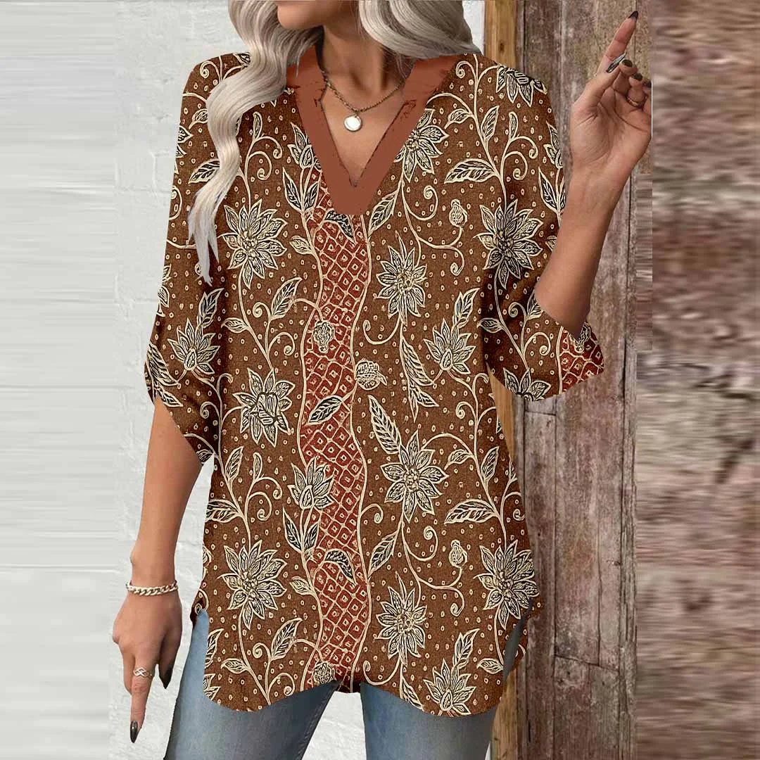Women Ethnic Ethnic, Brown, Floral DZGA0492 3/4 Sleeve V-neck Printed Graphic Button Tops
