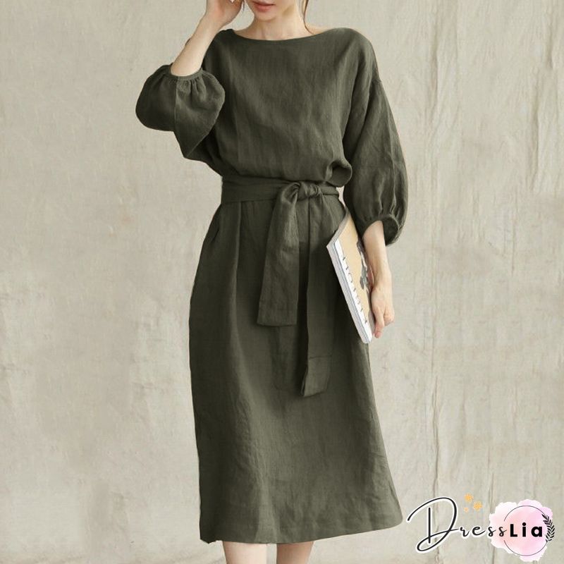 Solid Puff Sleeve Pocket Tie Crew Neck Maxi Vintage Dress