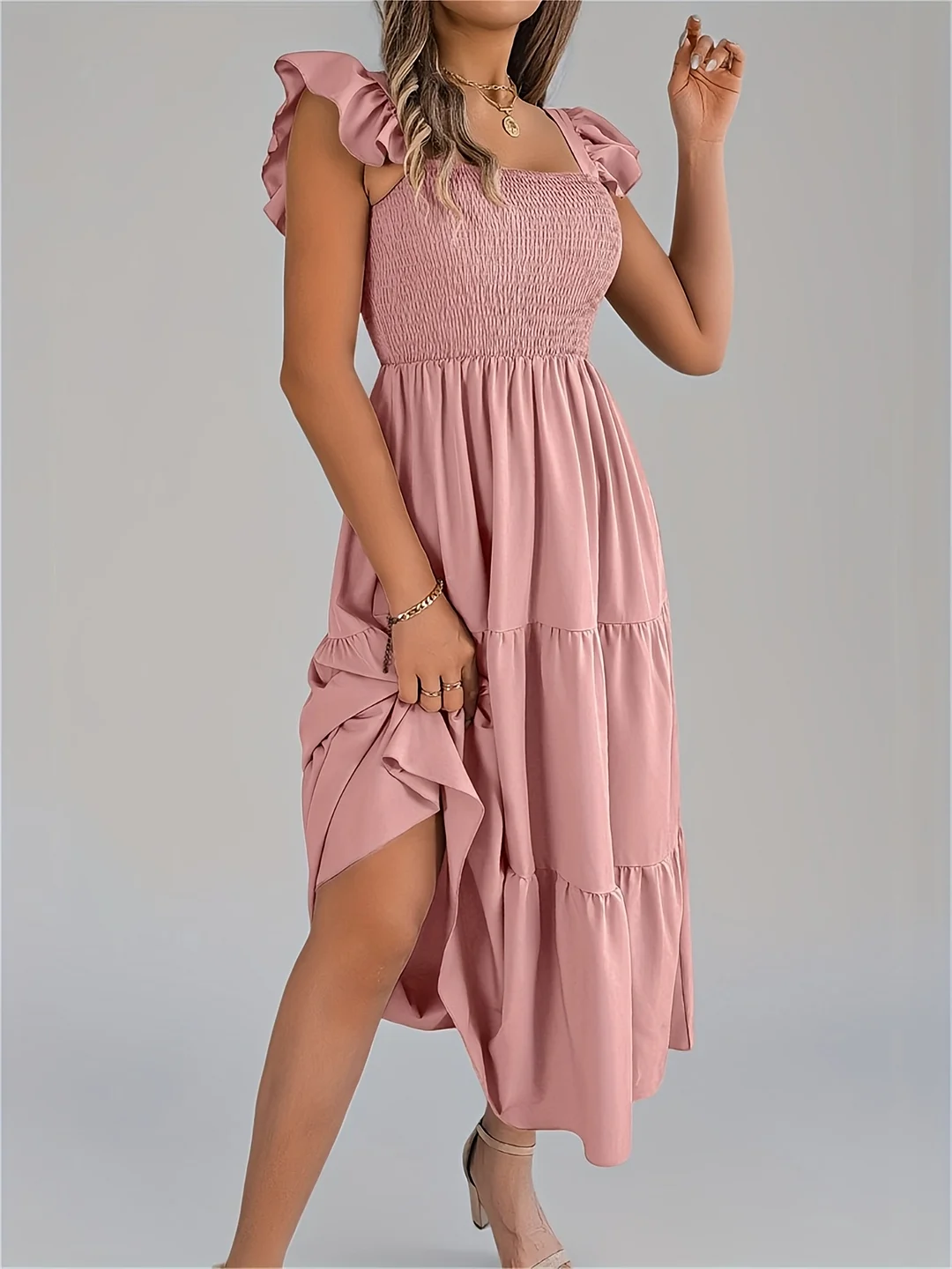 Vibrant Green Women's Summer Sleeveless A-Line Dress | Machine Washable, Ruched Square Neck, Mid-Length Casual Vacation Dress, Layered Skirt Design, Cute Summer Dresses, Flared Hem | IFYHOME