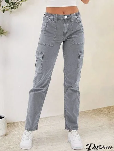 Buttoned Straight Jeans with Cargo Pockets