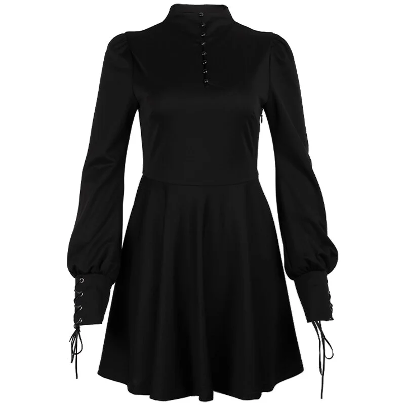 Jangj Gothic Black Pleated Dress Lolita Frock Autumn Egirl Bandage Emo Alt Dresses Buttons Court Streetwear Y2k Party Jurken Cyber