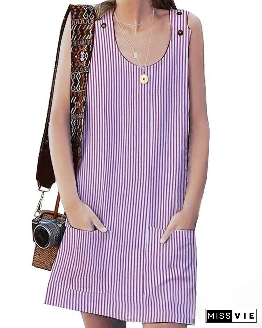 Crew Neck Women Dresses Shift Daily Boho Pockets Striped Dresses