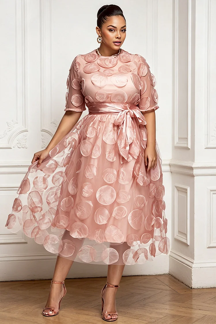 Xpluswear Design Plus Size Cocktail Party Pink Round Neck Short Sleeve 3D See Through Tulle Midi Dresses [Pre-Order] 2024 - Xpluswear