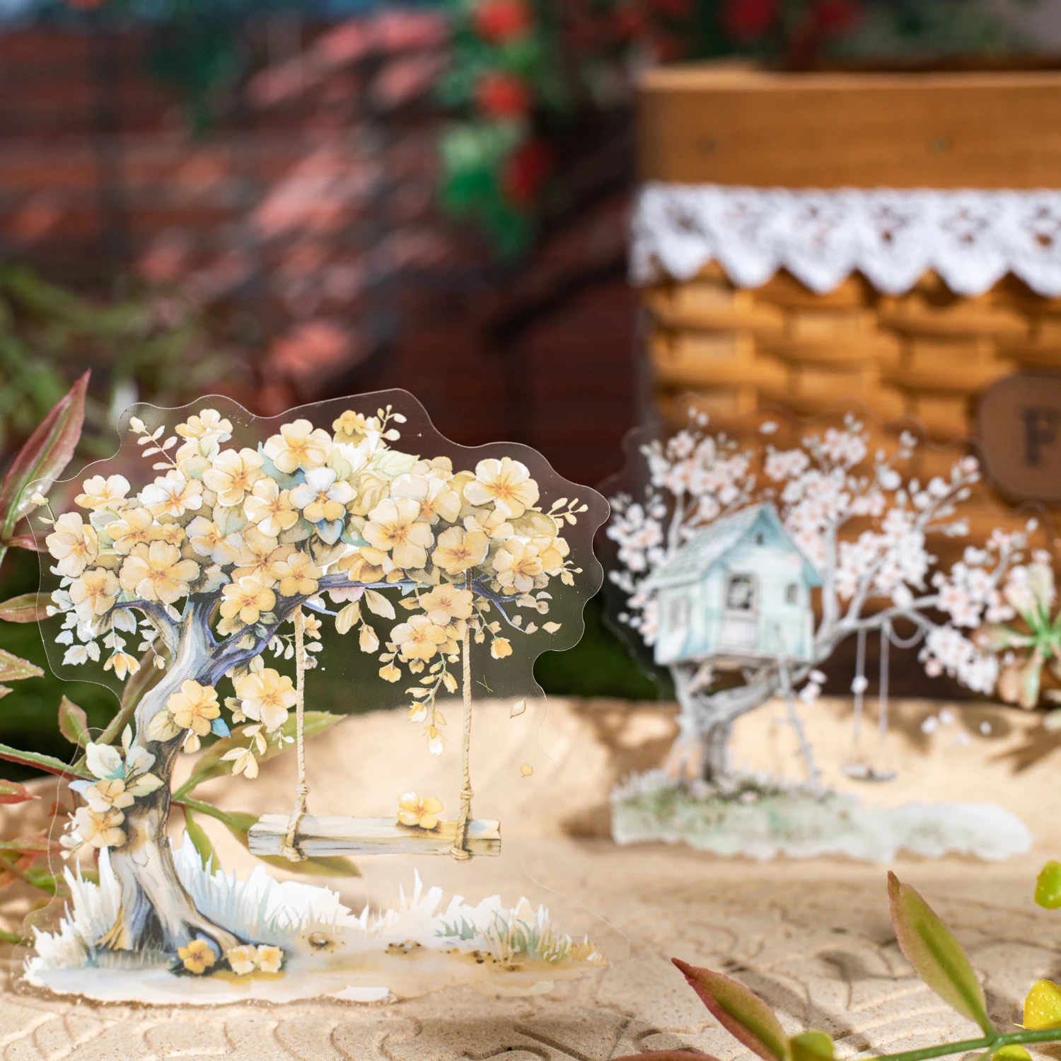 Journalsay Swing on The Tree 시리즈 빈티지 꽃나무 조경 PET 스티커