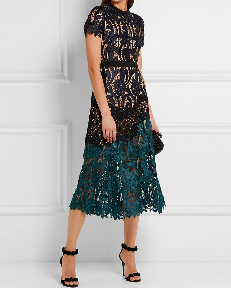 See-through lace contrast color midi dress