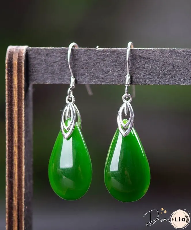 Retro Silk Sterling Silver Inlaid Jade Water Drops Drop Earrings