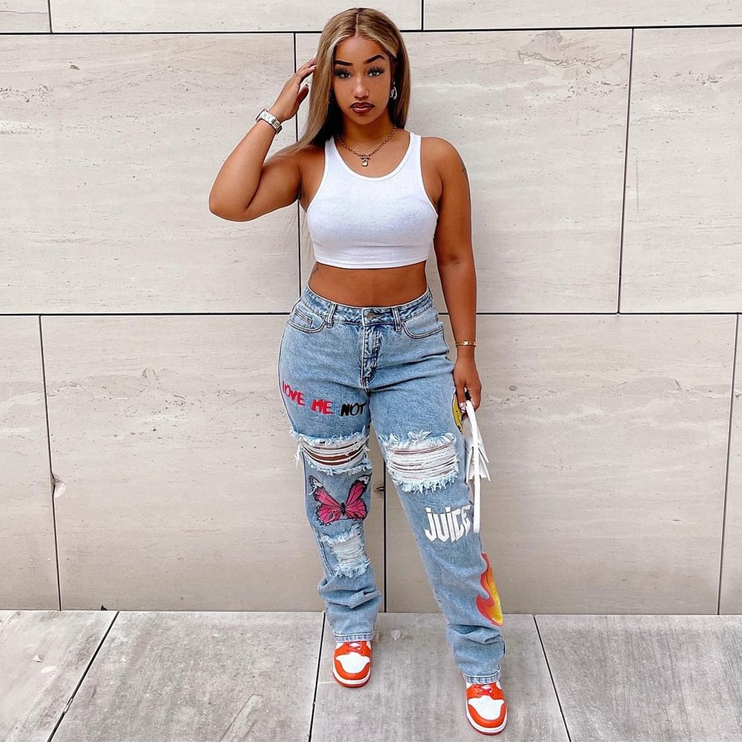 Women's Digital Positioning Printing Ripped Fashion Sexy Jeans Women