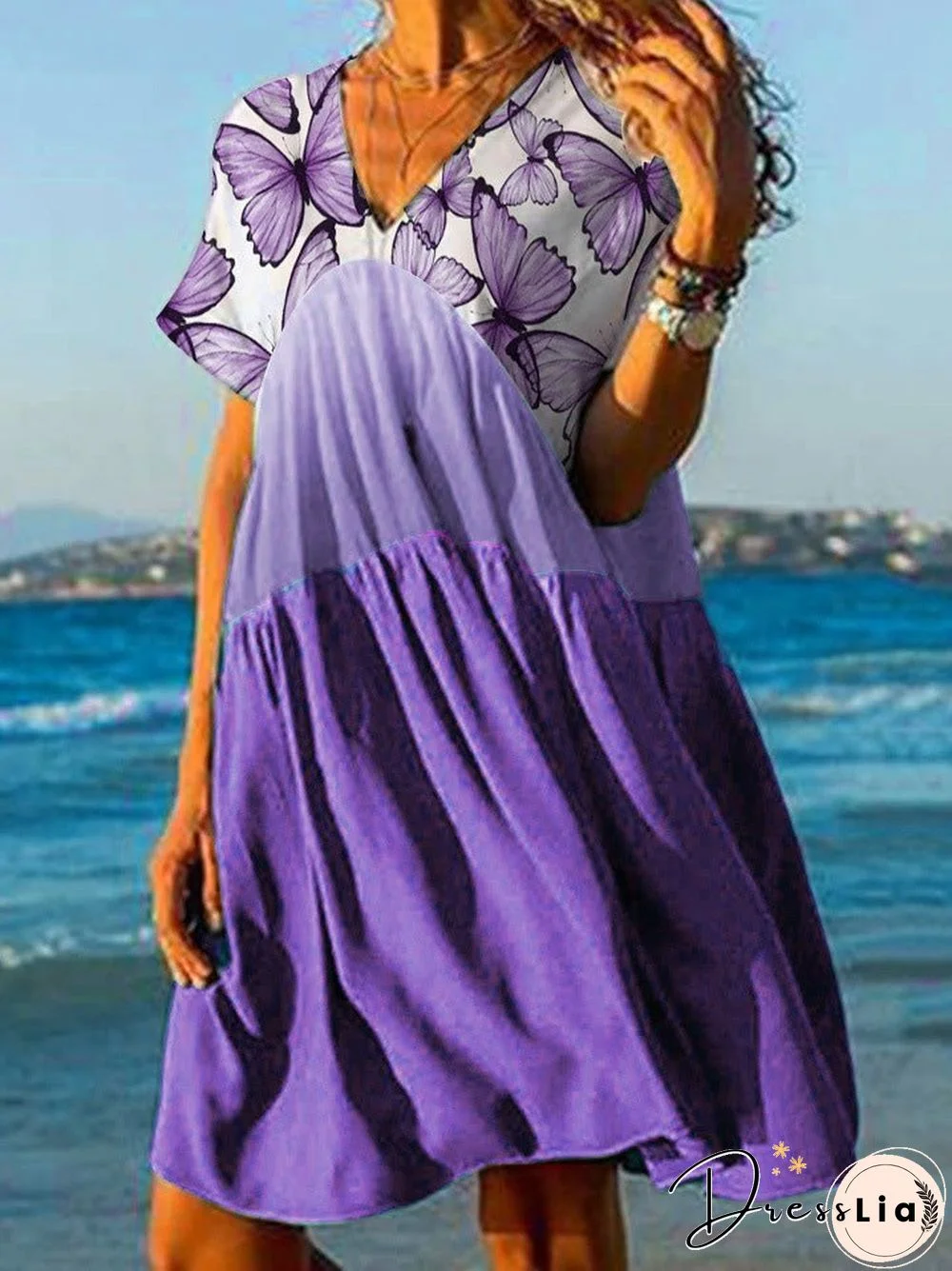 Women'S Dresses Butterfly Print V-Neck Short Sleeve Dress