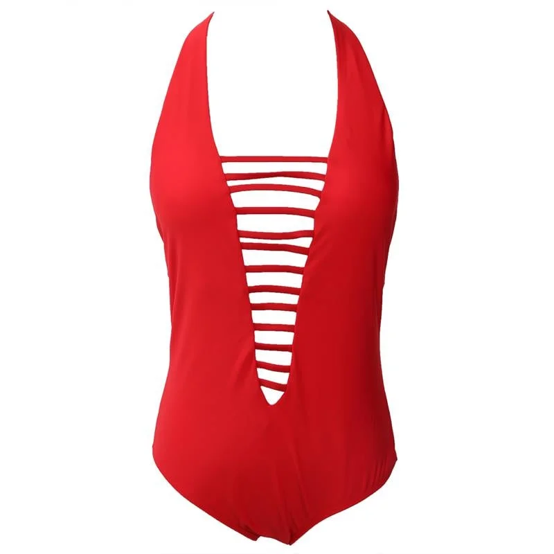 Monokini   Women One Piece Deep V neck Bandage Backless Bikini Push-up Padded Swimsuit Swimwear Bathing Suit Black Red