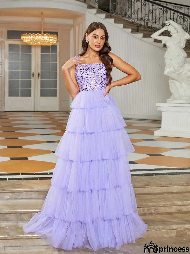 Formal Square Neck A-Line Mesh Purple Ball Gown RJ10686