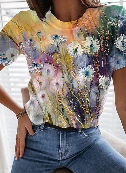  thdmladies Floral Casual Round Neckline Short Sleeve Blouses thedmladies
