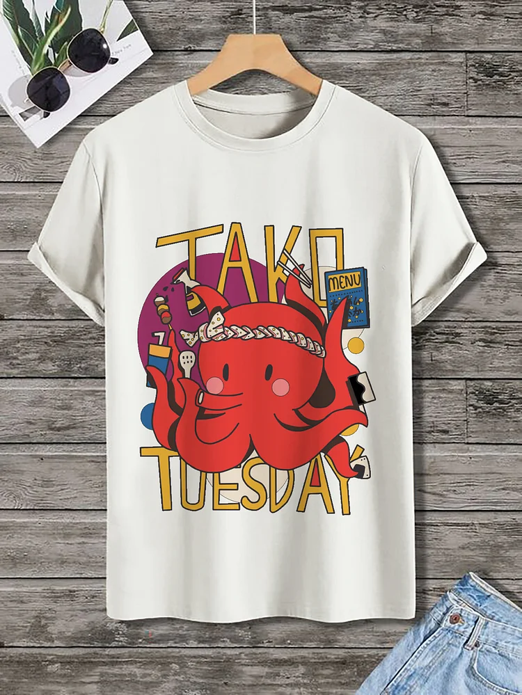 Men's Taco Tuesday Japanese Octopus Graphic Print Cotton Casual T-Shirt