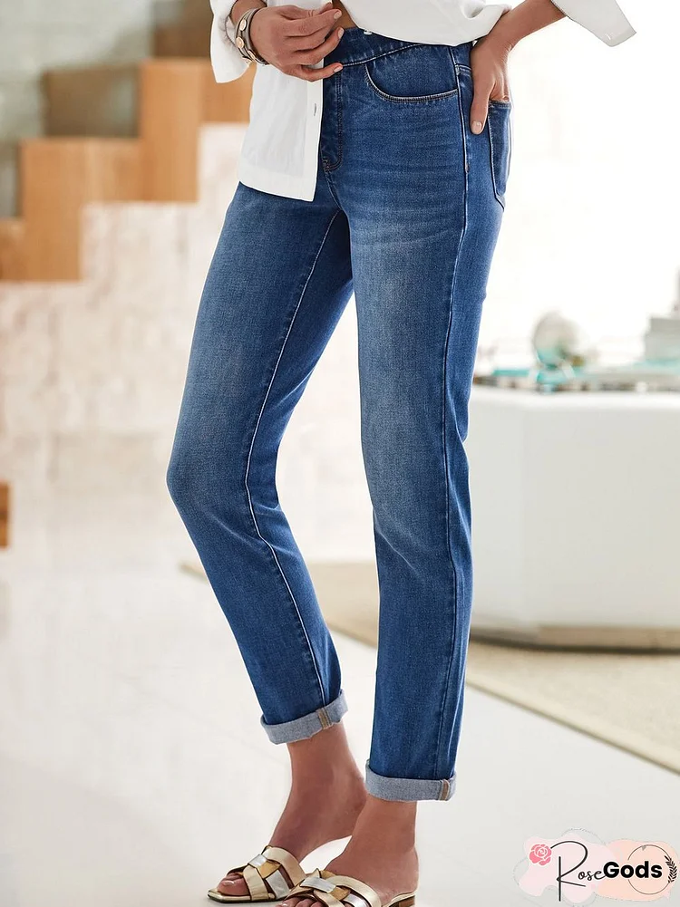 Casual Holiday Solid Elastic Waist Denim Jeans