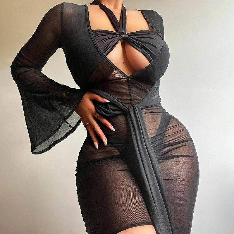 Neosepa-Beach Solid Mesh Deep V Perspective Sexy Dress