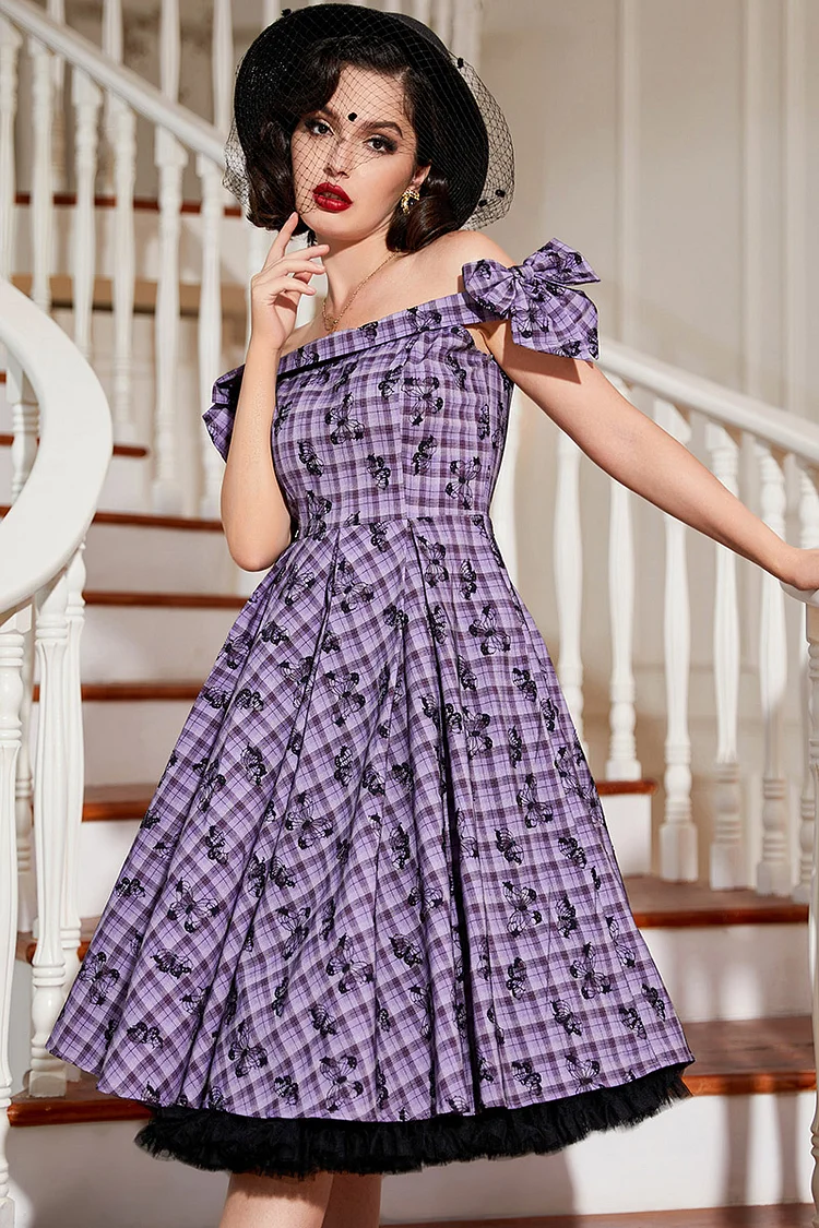 1950s Purple Party Jacquard Off The Shoulder Bow Plaid Butterfly Print Flare Swing Midi Dress [Pre-Order]