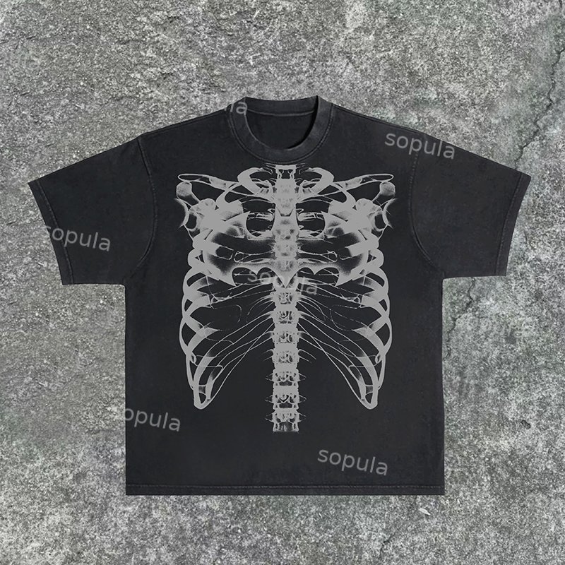 Sopula Acid Washed X-Ray Chest Bone Print Short Sleeve T-Shirt - SOPULA