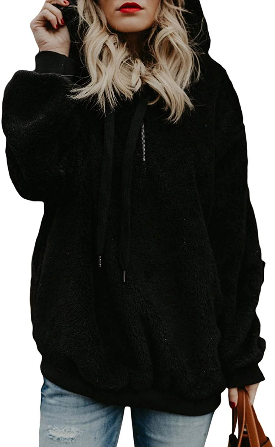 Womens Fuzzy Casual Loose Sweatshirt Hooded with Pockets Outwear S-XXL
