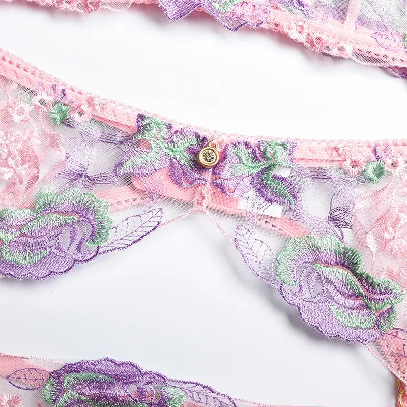 Billionm Pink Floral Lingerie Set Women Underwear Lace Transparent Bra Panties Sexy Push Up Bras Fancy Ladies Embroider Costumes for Sex