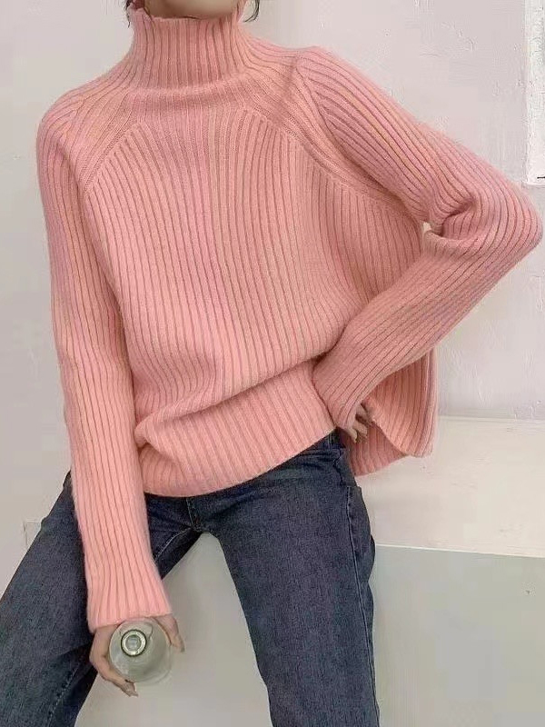 Casual Long Sleeves Loose Solid Color High-Neck Sweater Tops PINK-One_size