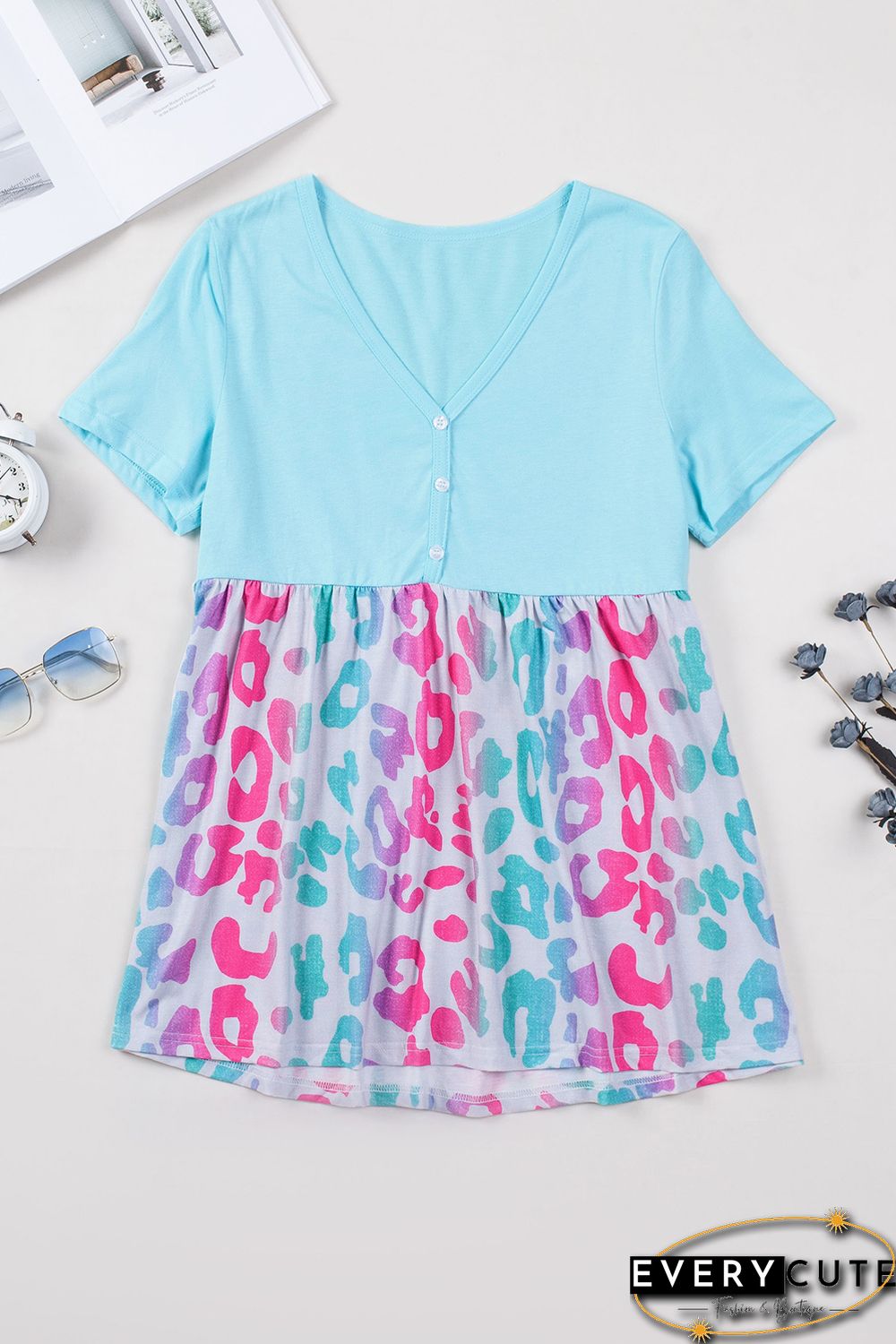 Sky Blue Leopard Color Block Buttoned V Neck T Shirt